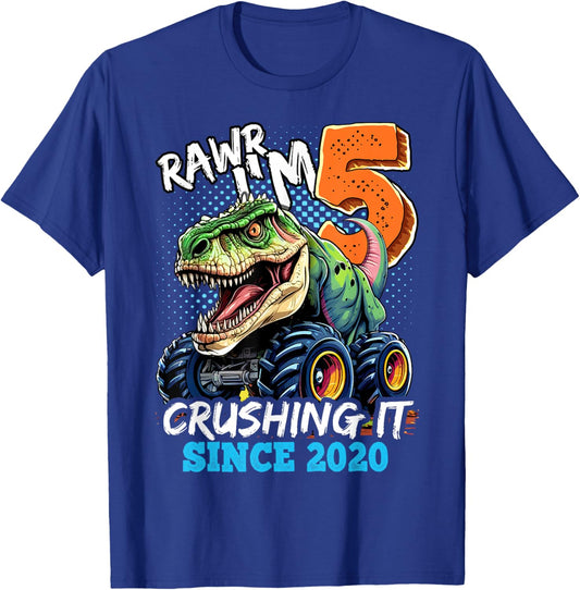 5th Birthday Monster Truck Dinosaur Party Boys Rawr I'm 5 T-Shirt - T-Shirt | Royal