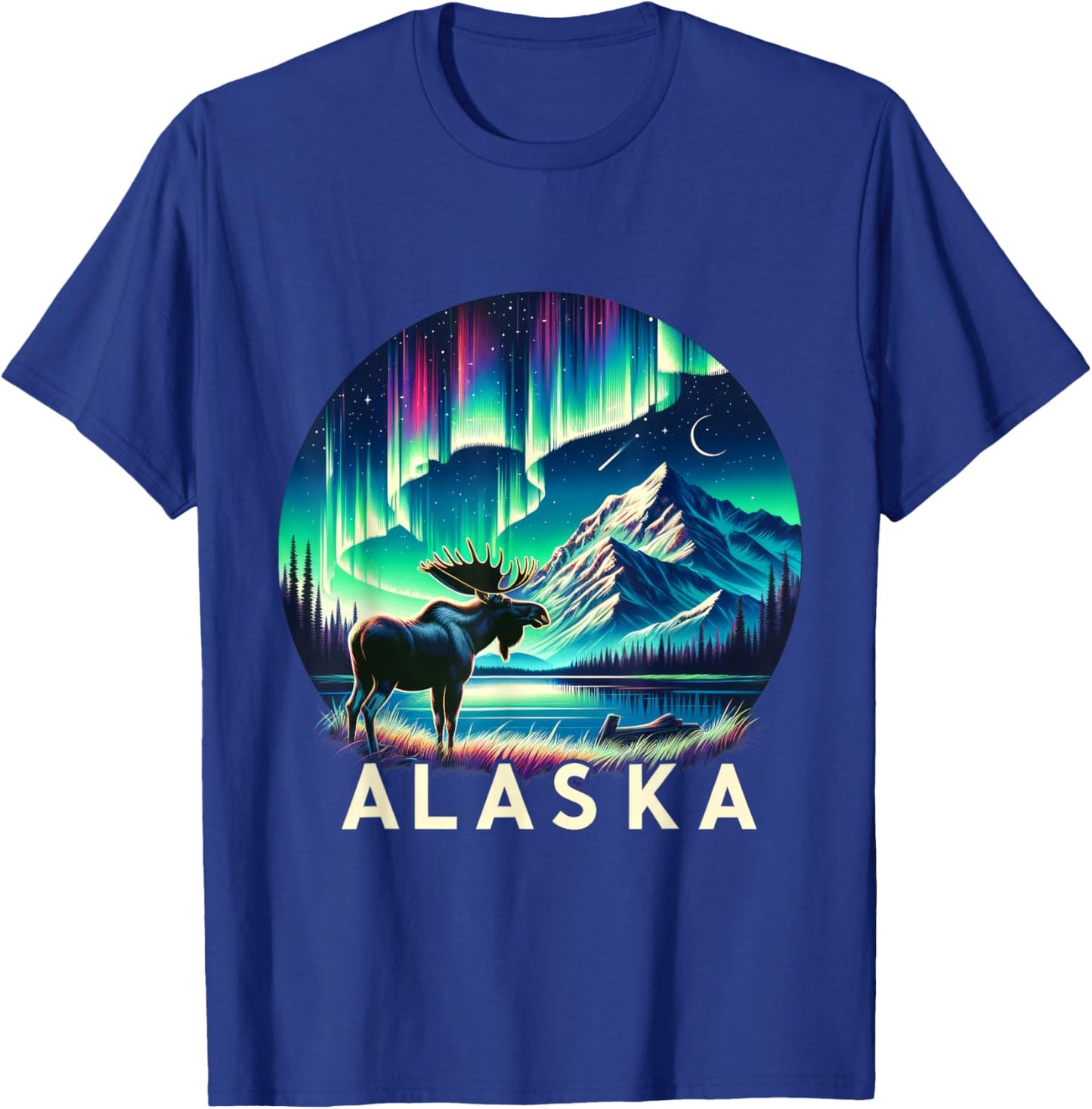 Alaska Northern Lights Aurora Viewing Moose Vacation Alaska T-Shirt - T-Shirt | Royal
