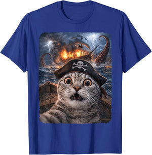 Funny Cat Pirate Selfie Kraken Sea Monster Meme T-Shirt - T-Shirt | Royal