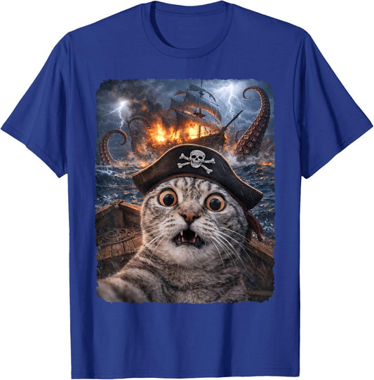 Funny Cat Pirate Selfie Kraken Sea Monster Meme T-Shirt - T-Shirt | Royal
