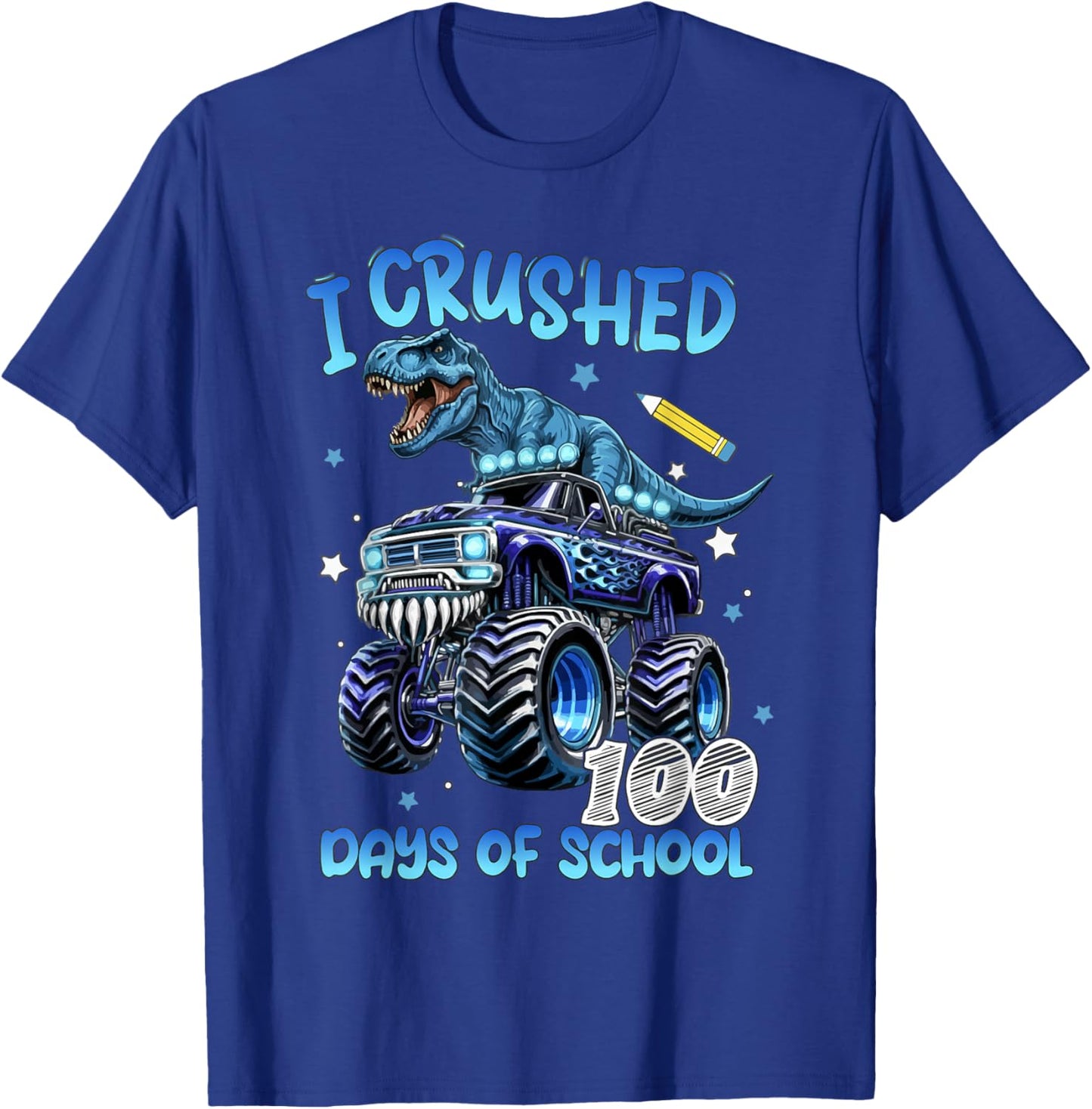 I Crushed 100 Days of School Monster Truck Dinosaur Boys T-Shirt - T-Shirt | Royal