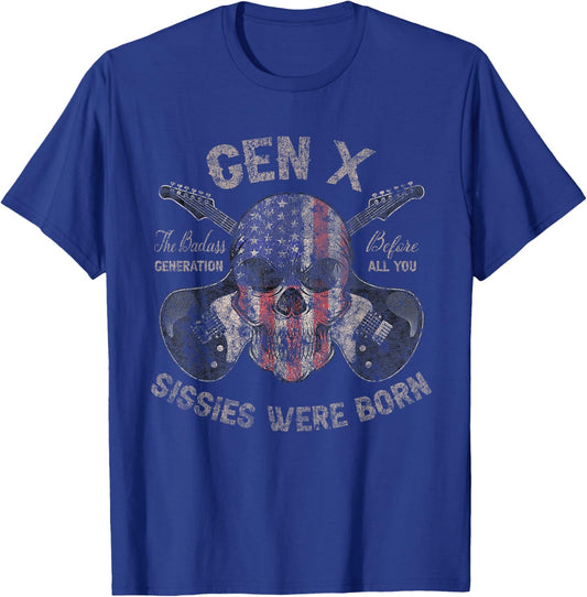 Gen X Badass Generation Skull Guitar USA Flag Retro T-Shirt - T-Shirt | Royal