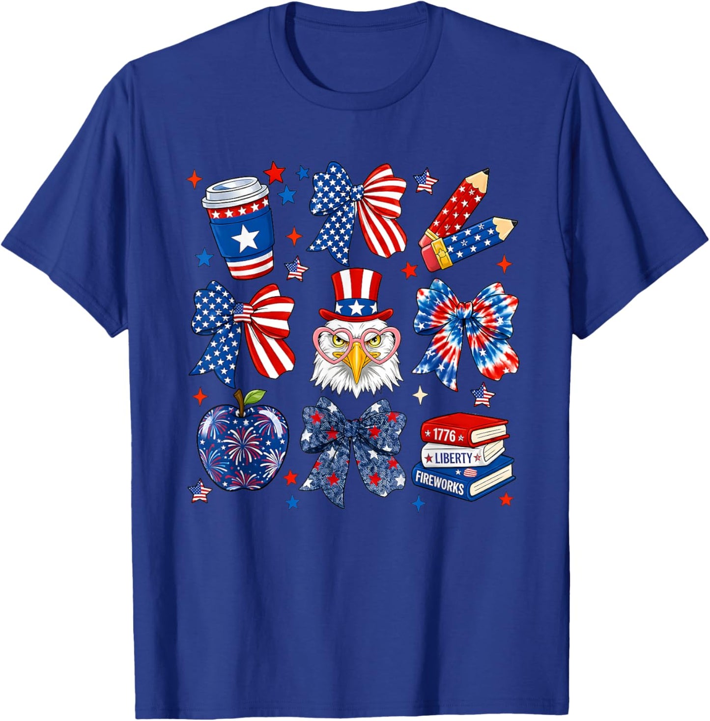 4th of July Teacher Coquette Bow Pencil USA American Flag T-Shirt - T-Shirt | Royal