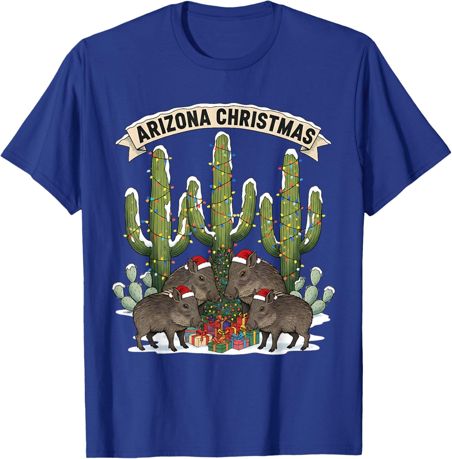 Arizona Christmas Javelina Family Desert Saguaros Lights T-Shirt - T-Shirt | Royal