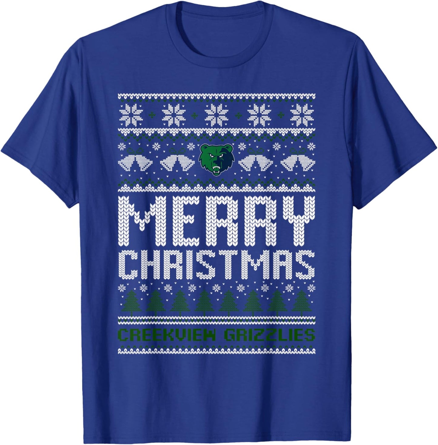 Creekview Grizzlies Logo Merry Christmas Ugly Sweater HS T-Shirt - T-Shirt | Royal