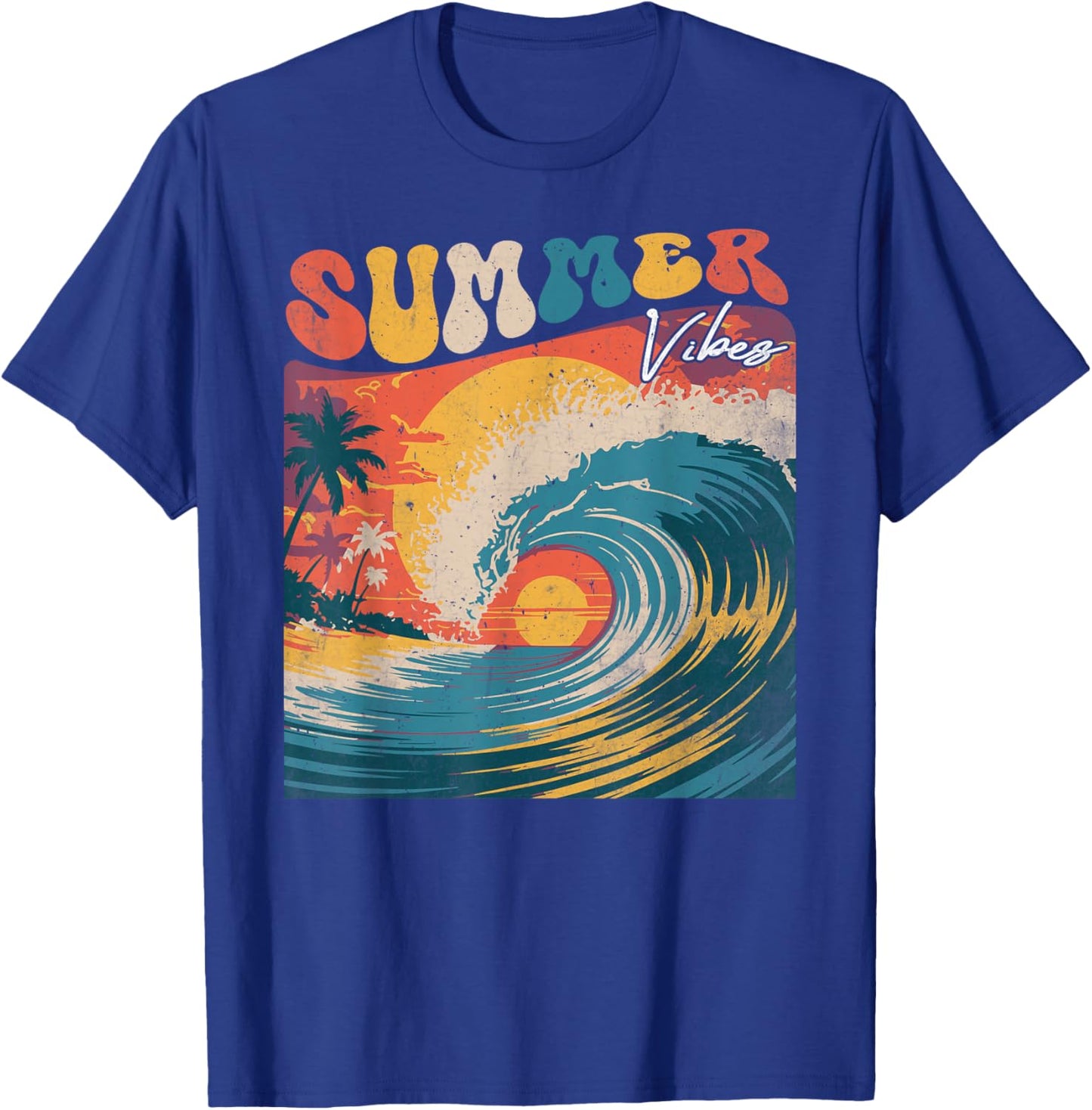 Hello Summer Vibes Groovy Hawaiian Surf Island Wavy Hawaii T-Shirt - T-Shirt | Royal