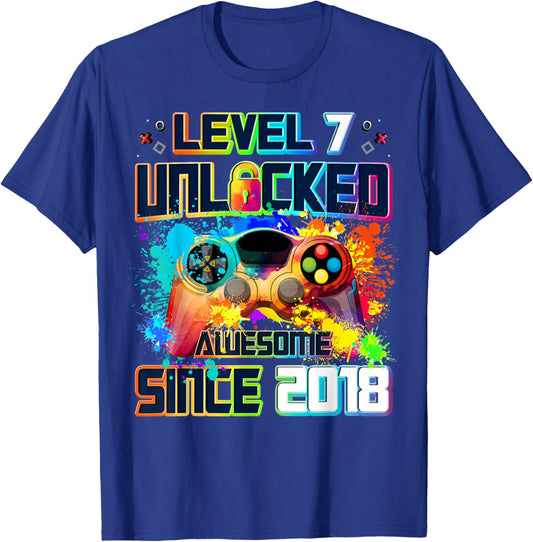 Level 7 Unlocked 7 Year Old Video Gamer 7th Birthday Gift T-Shirt - T-Shirt | Royal