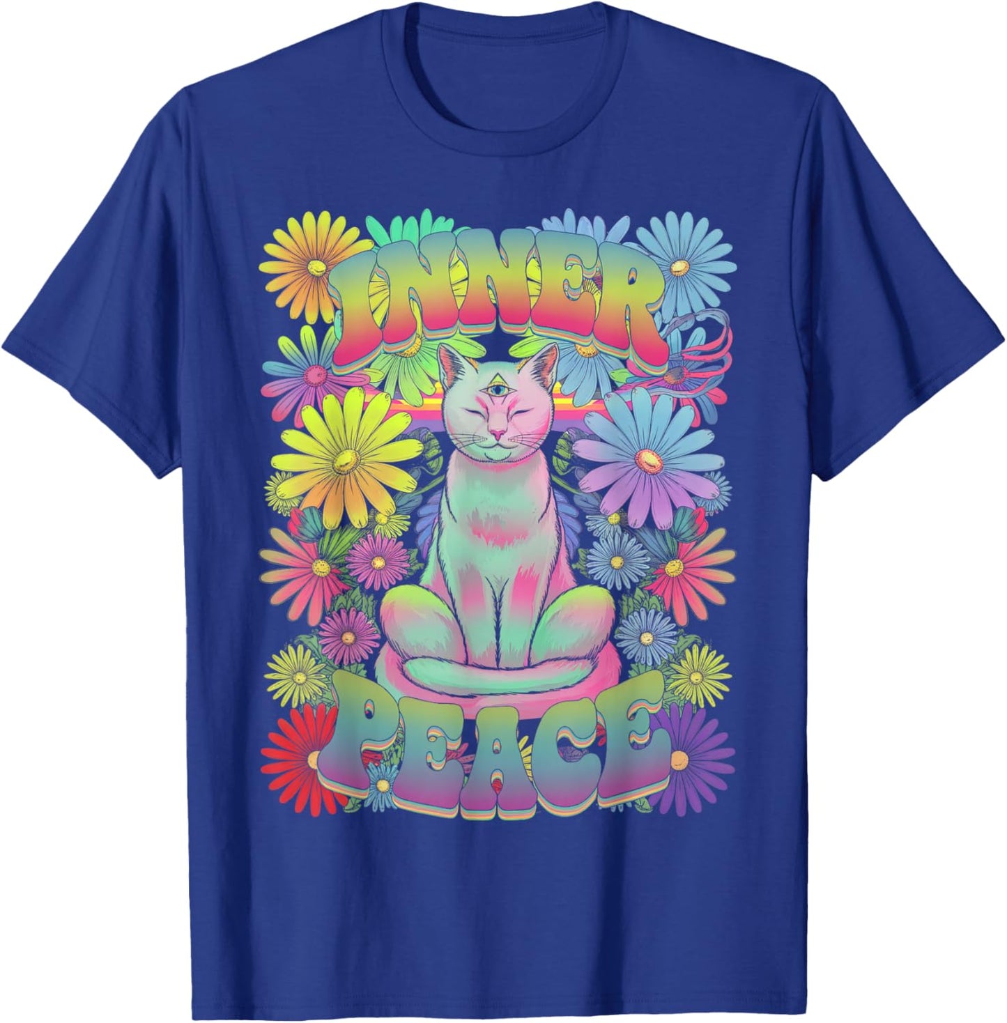 Flower Peace Love Funny Cat Meditation Yoga Floral Bohemian T-Shirt - T-Shirt | Royal