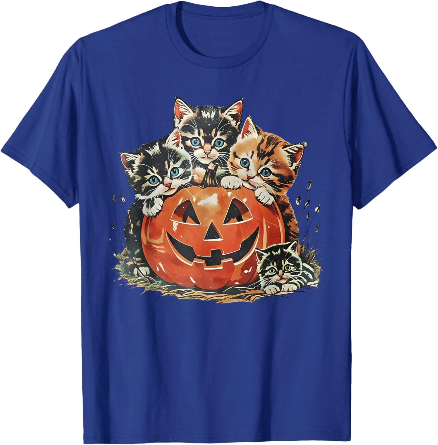 Vintage 90s Cat Pumpkin Halloween Retro Floral Spooky Season T-Shirt - T-Shirt | Royal