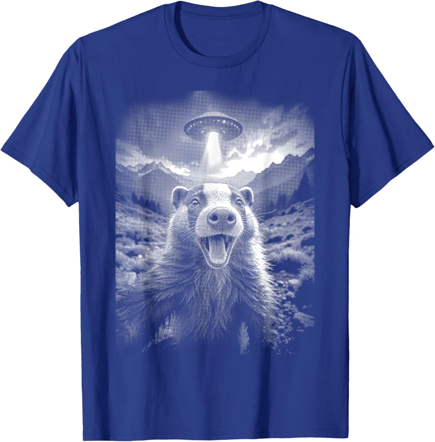 UFO Selfie Photo Funny Badger Flying Saucer Meet Alien , Black, S T-Shirt - T-Shirt | Royal