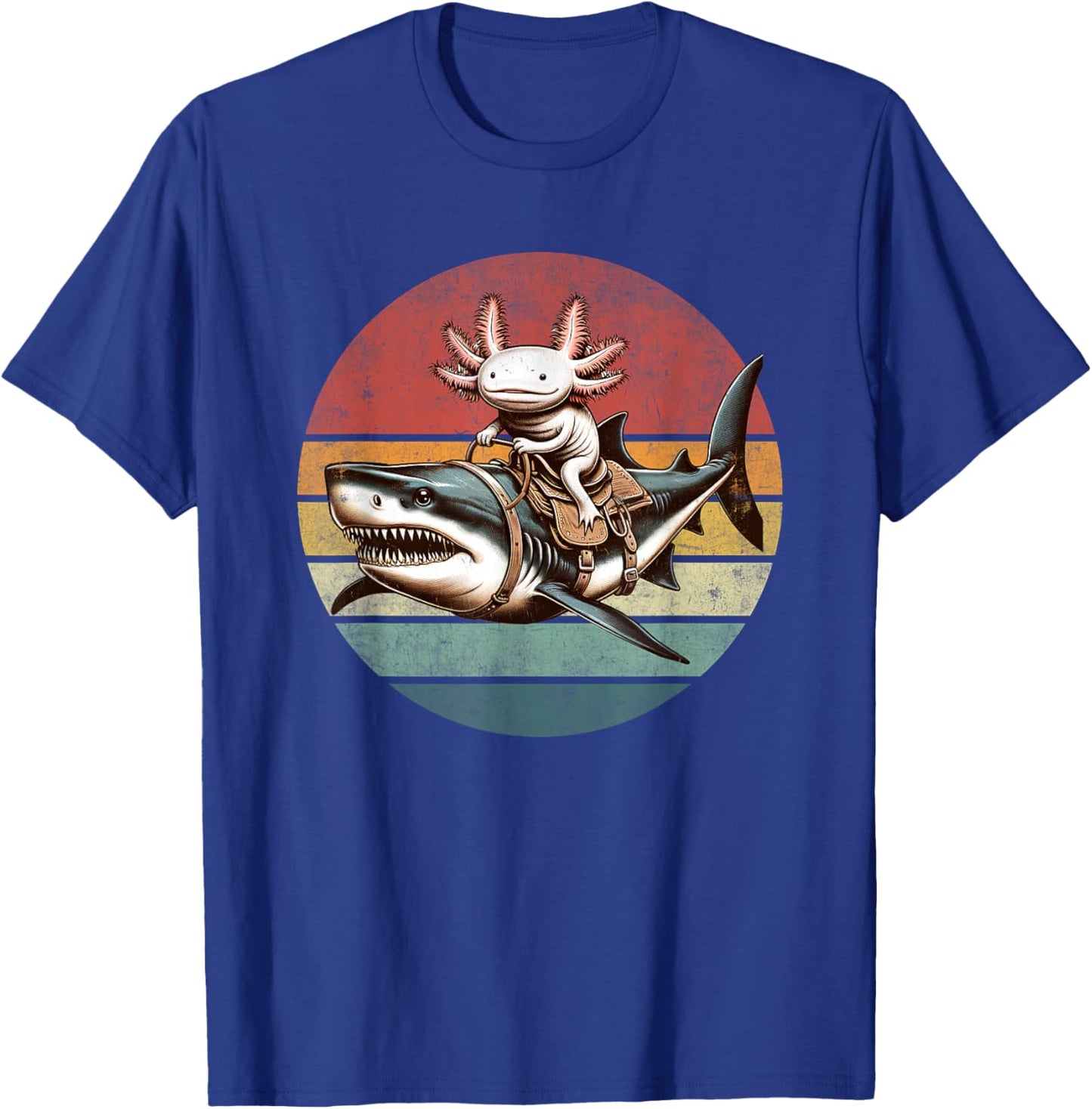 Vintage Axolotl Shark Rider Funny Retro Axolotl Riding Shark T-Shirt - T-Shirt | Royal