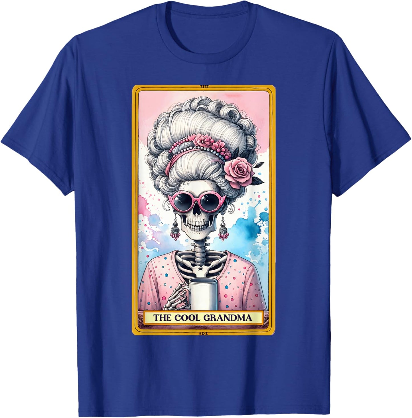 Cool Grandma Tarot Card Skeleton Skelly Messy Bun Coffee T-Shirt - T-Shirt | Royal