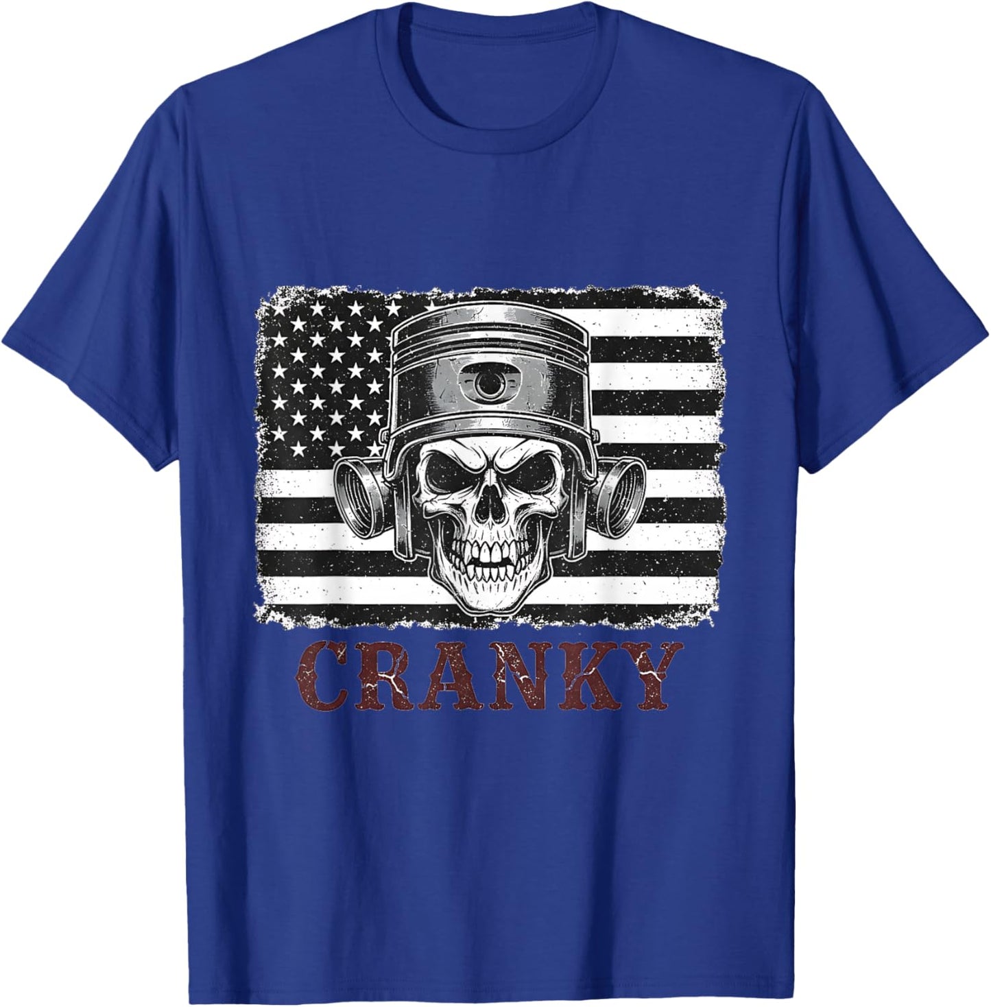 Cranky Car Engine Crankshaft Skull Mechanics USA Flag T-Shirt - T-Shirt | Royal