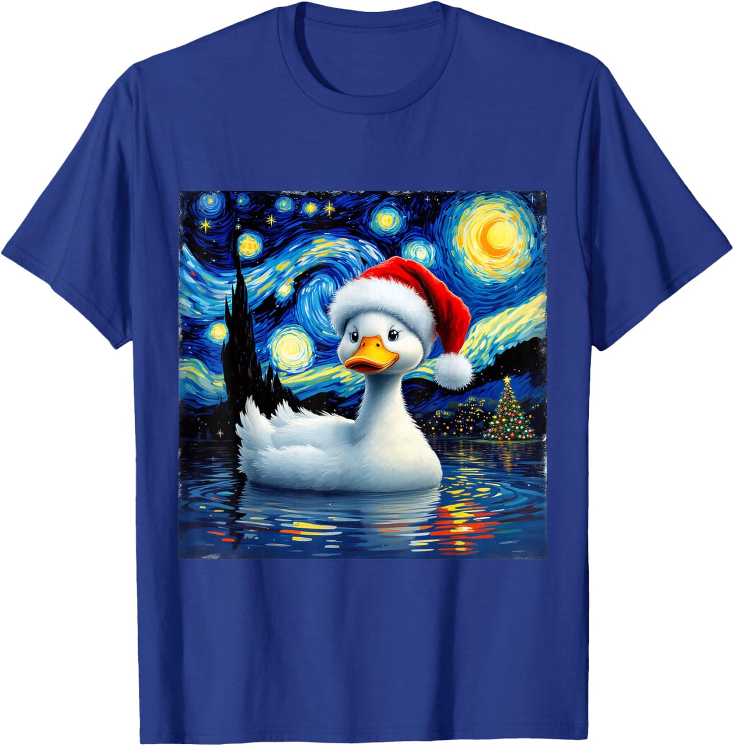 Christmas Duck Santa Hat Van Gogh Starry Night Holiday T-Shirt - T-Shirt | Royal