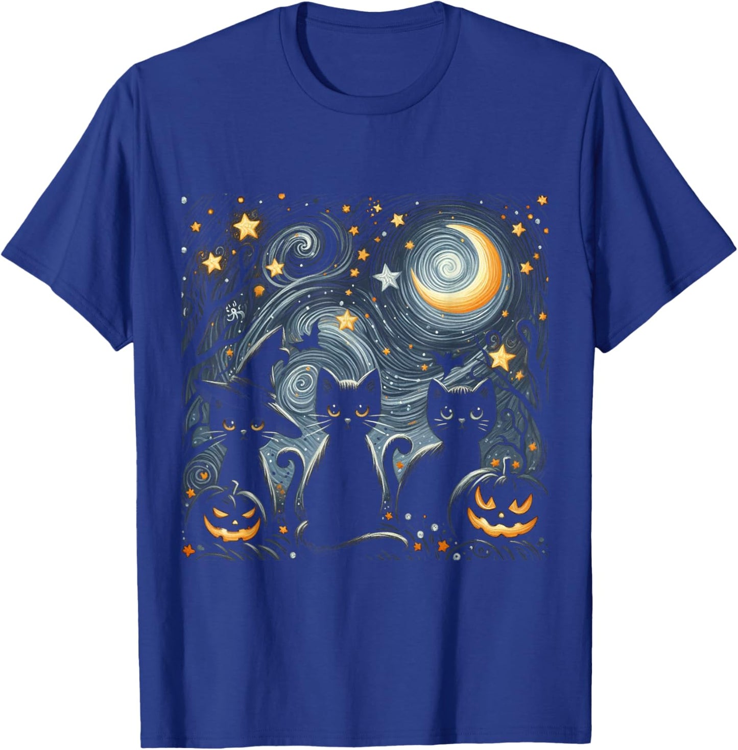 Van Gogh Halloween Starry Night with Black Cat and Pumpkins T-Shirt - T-Shirt | Royal