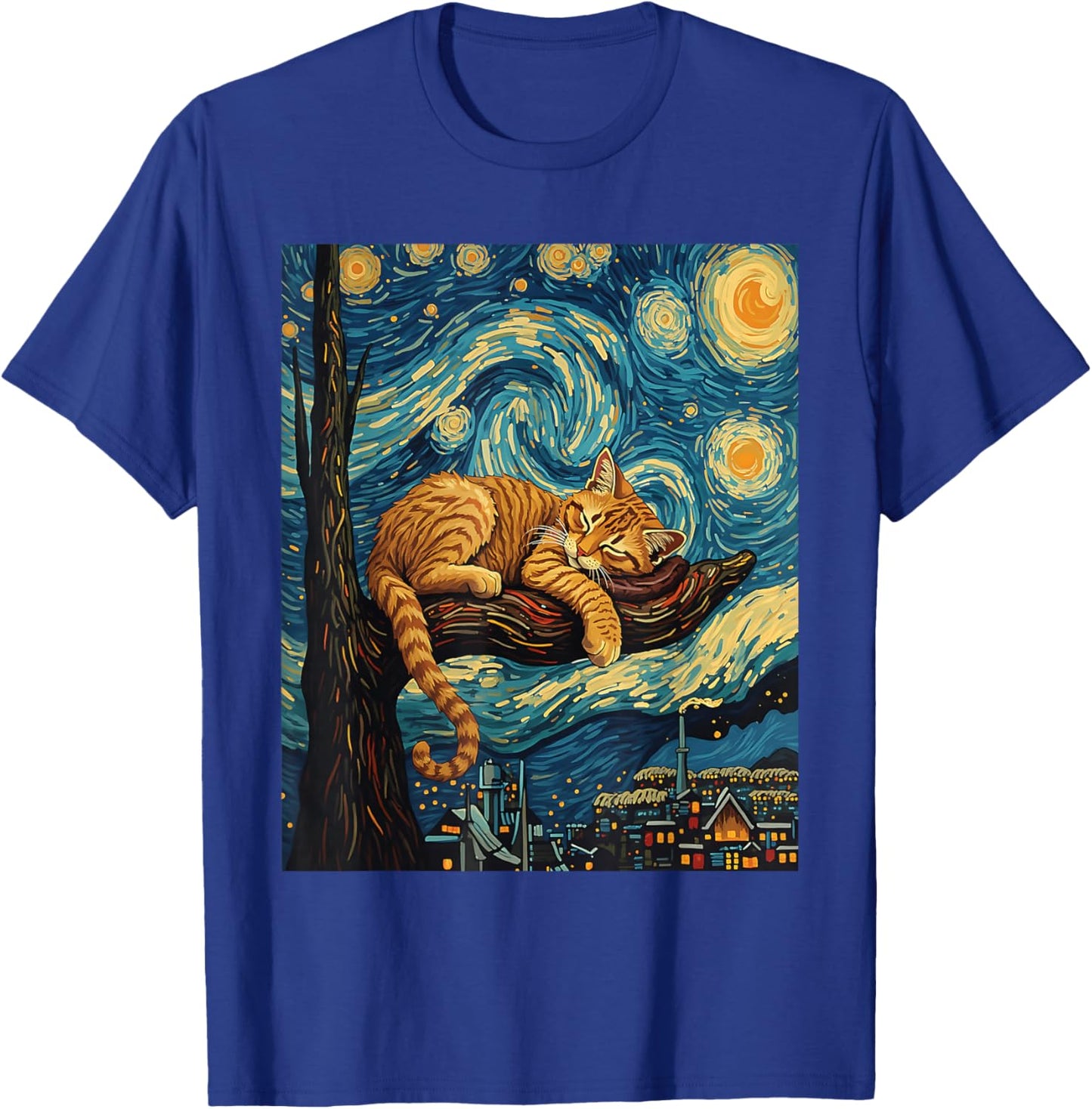 Serene ginger cat on tree branch Van Gogh Starry Night T-Shirt - T-Shirt | Royal