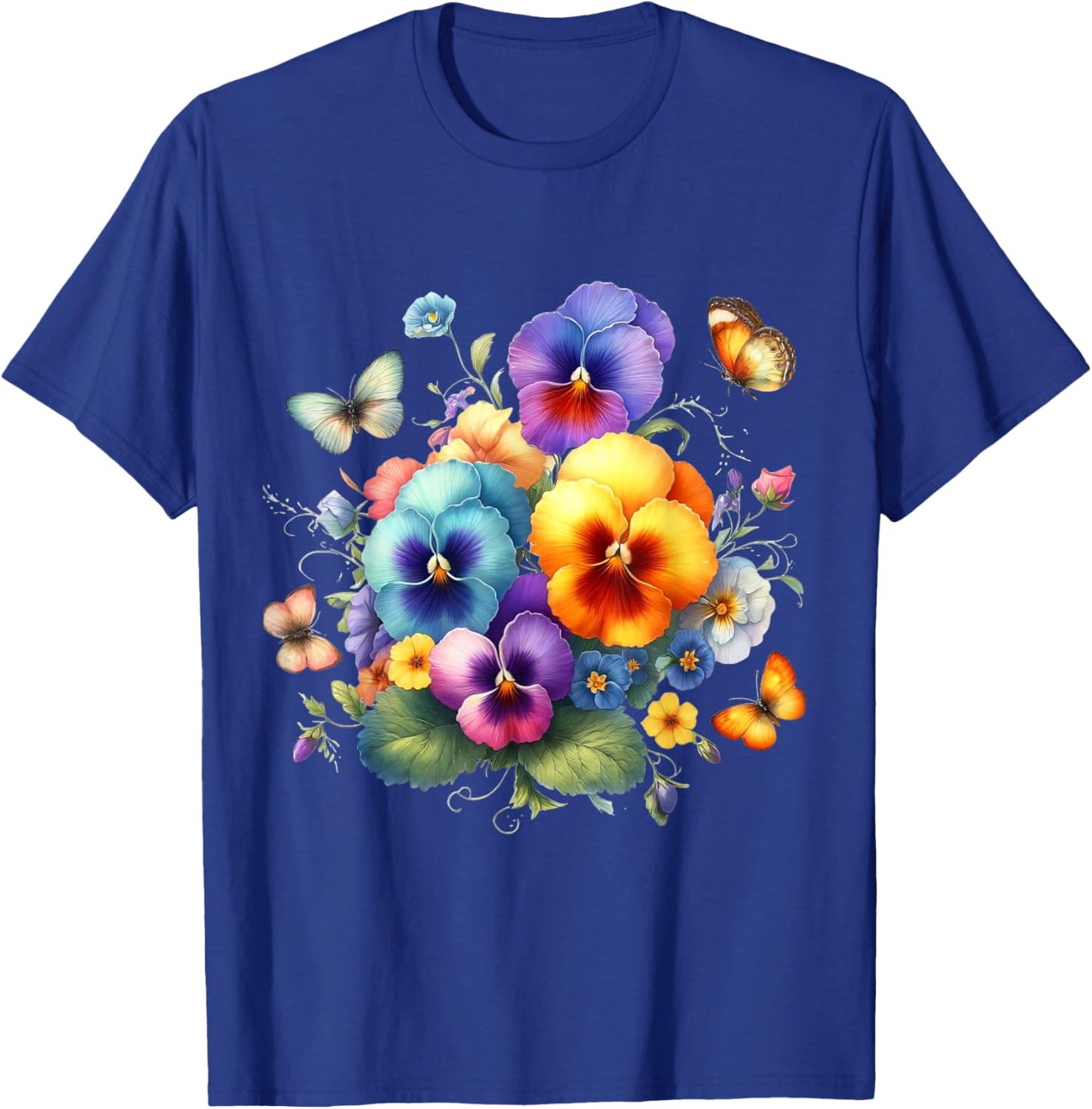 Multicolored Pansies and Delicate Butterflies Shapes Mania T-Shirt - T-Shirt | Royal