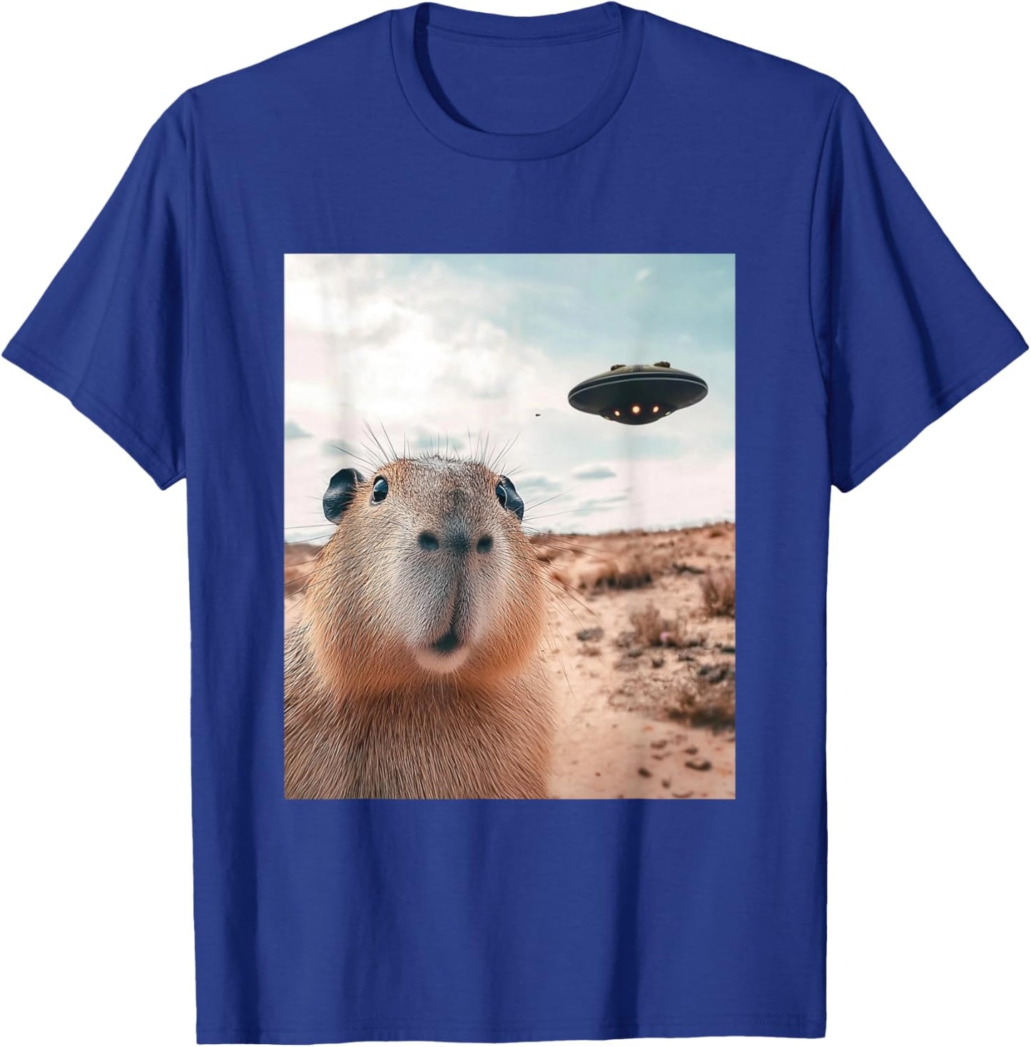 Capybara Selfie with UFOs Funny Graphic T-Shirt - T-Shirt | Royal