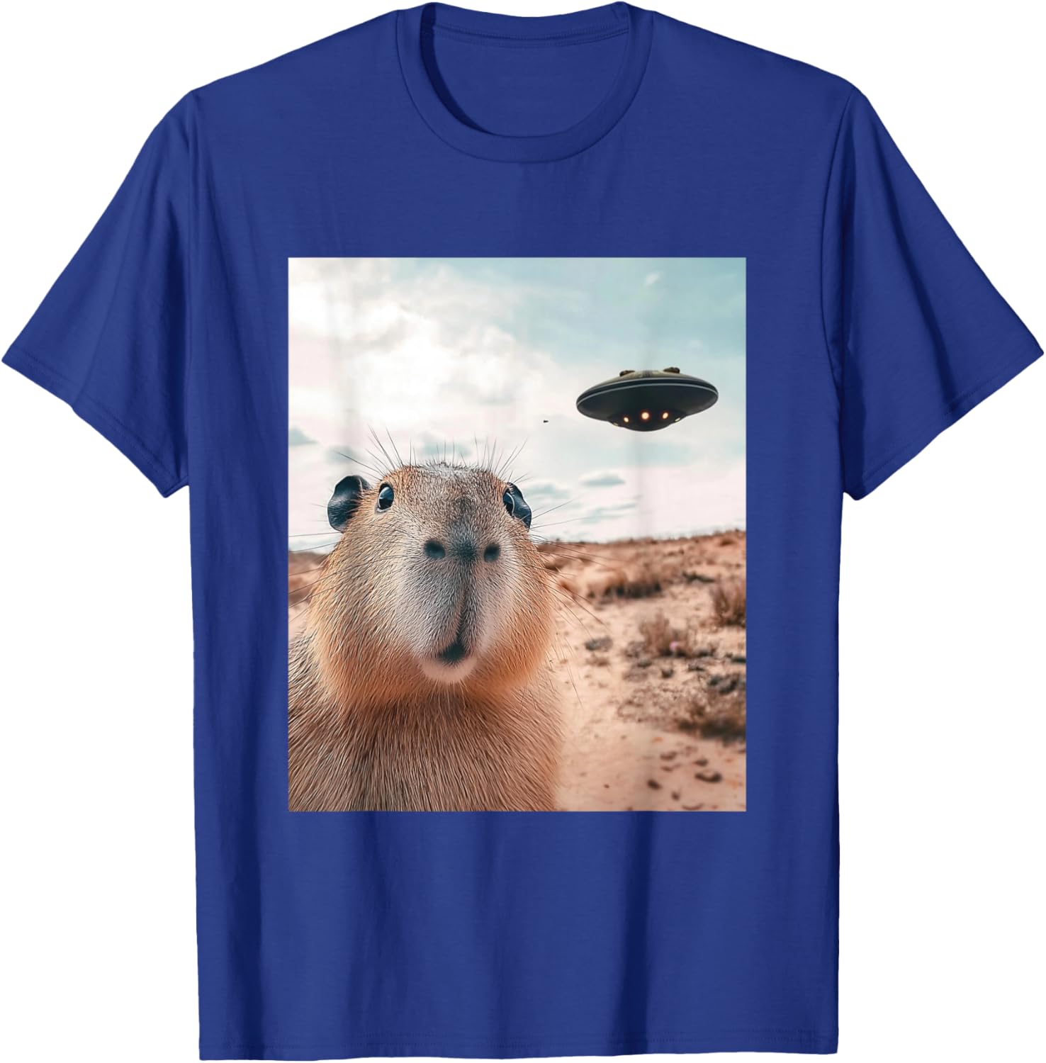 Capybara Selfie with UFOs Funny Graphic T-Shirt - T-Shirt | Royal