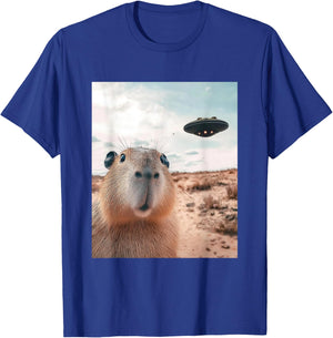 Capybara Selfie with UFOs Funny Graphic T-Shirt - T-Shirt | Royal