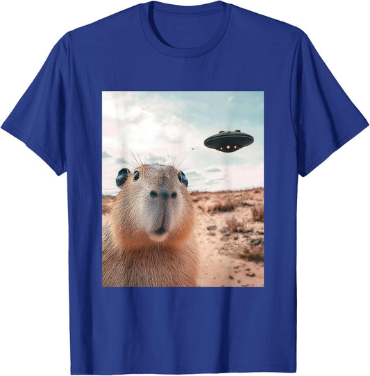 Capybara Selfie with UFOs Funny Graphic T-Shirt - T-Shirt | Royal