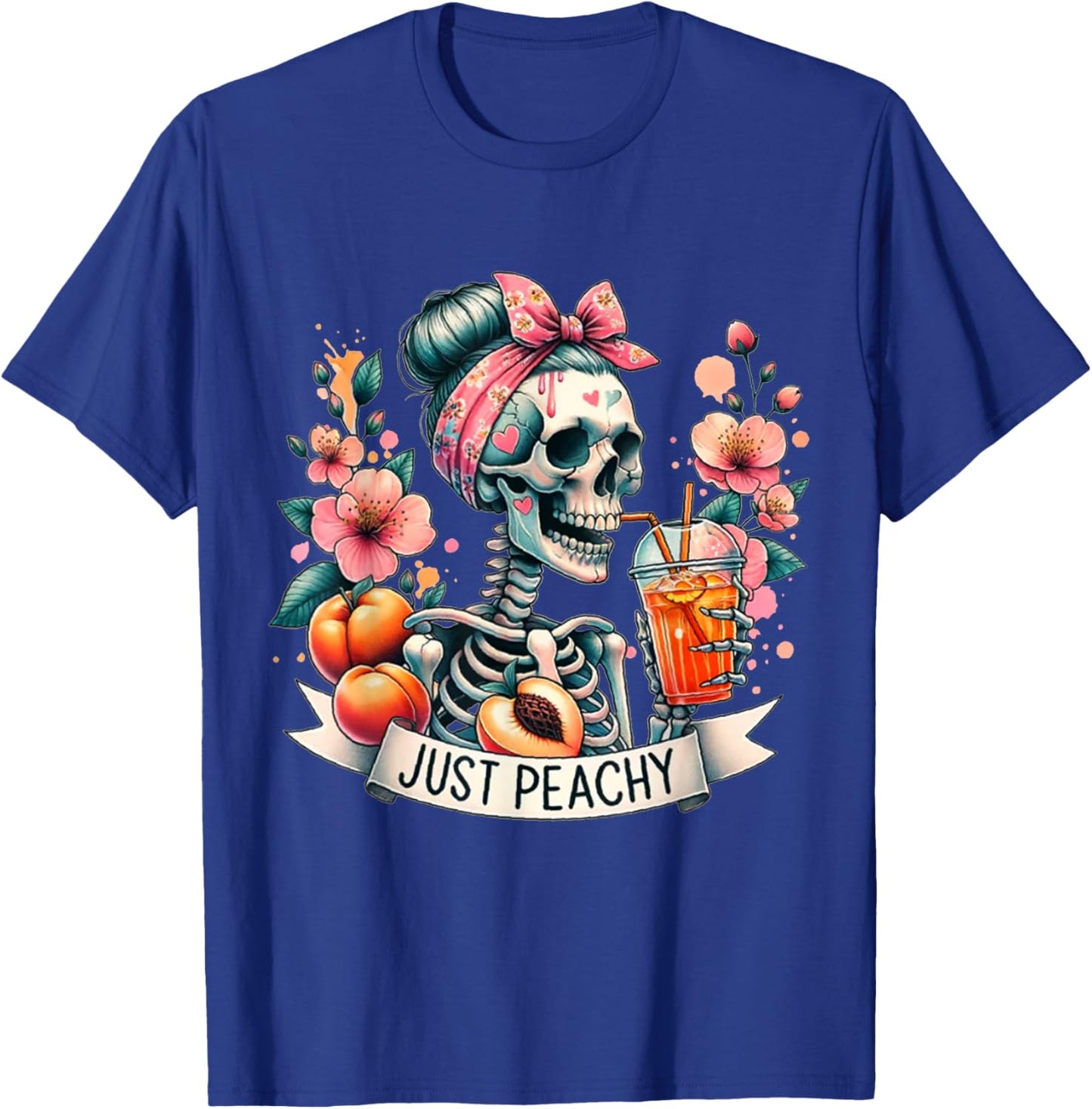 Just Peachy Skeleton Retro 70s Hippie Summer Vibes T-Shirt - T-Shirt | Royal