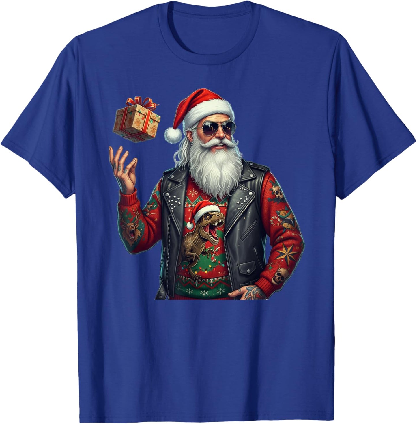 Cool Santa with Christmas Jumper T-Rex Funny Festive Pattern T-Shirt - T-Shirt | Royal
