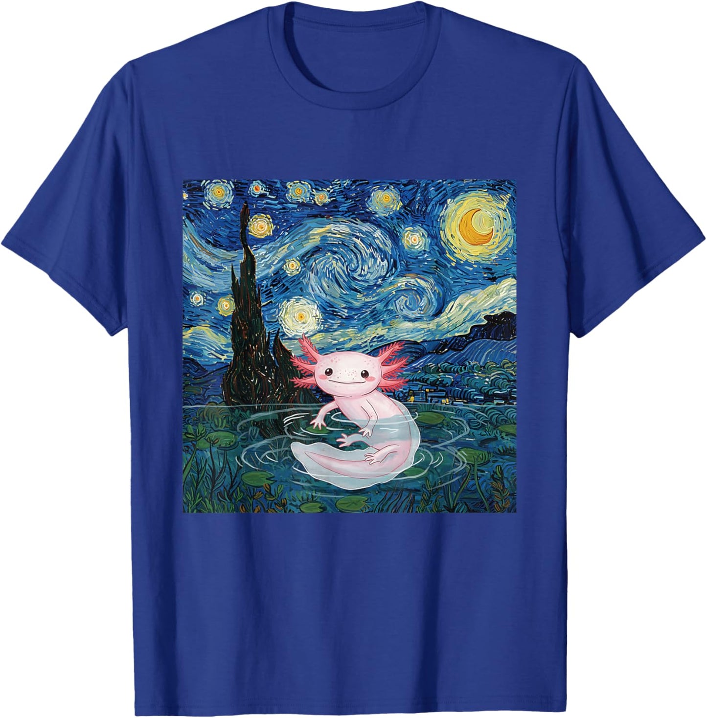 Playful Axolotl Kawaii Van Gogh Style Starry Night Graphic T-Shirt - T-Shirt | Royal