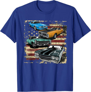 Classic Car American Muscle Cars USA Flag Vintage July 4th T-Shirt - T-Shirt | Royal