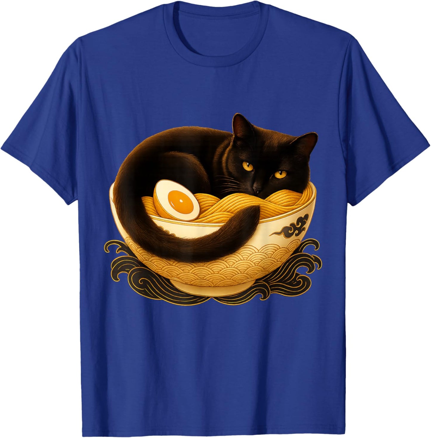 Japanese Ramen Bowl with Retro Black Cat Pattern T-Shirt - T-Shirt | Royal