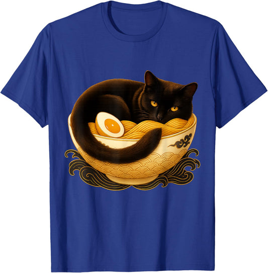 Japanese Ramen Bowl with Retro Black Cat Pattern T-Shirt - T-Shirt | Royal
