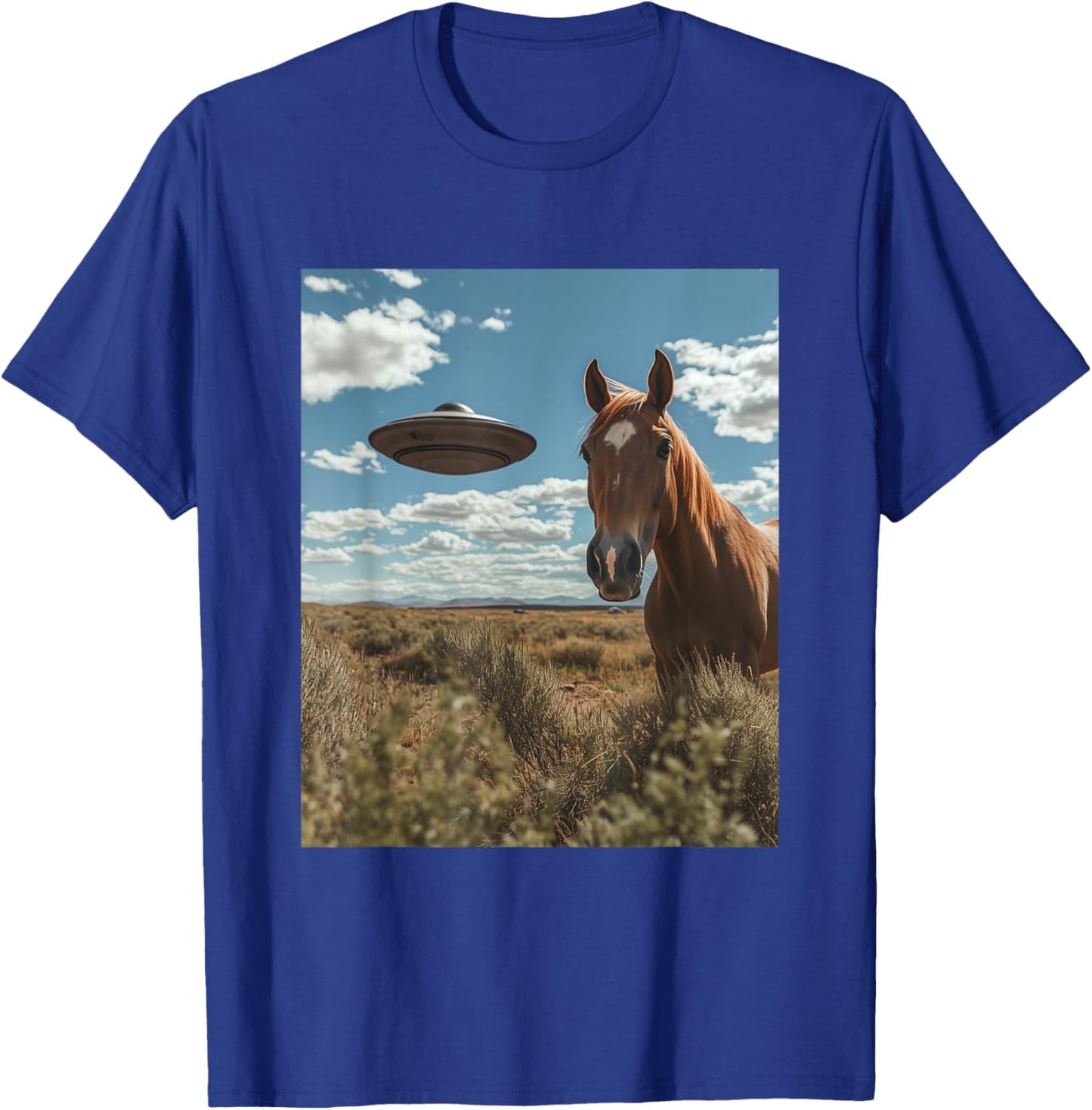 Horse Selfie with UFOs Aliens Funny Graphic T-Shirt - T-Shirt | Royal