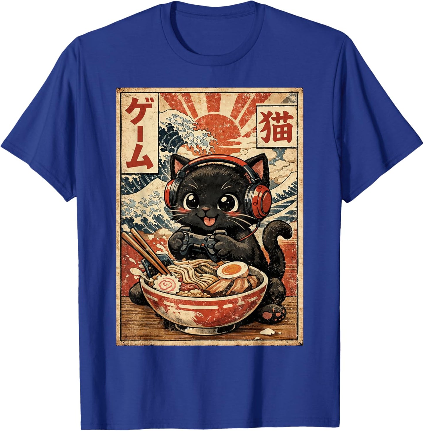 Funny Cute Gamer Cat Ramen Kawaii Japanese Ukiyo-e Art Anime T-Shirt - T-Shirt | Royal