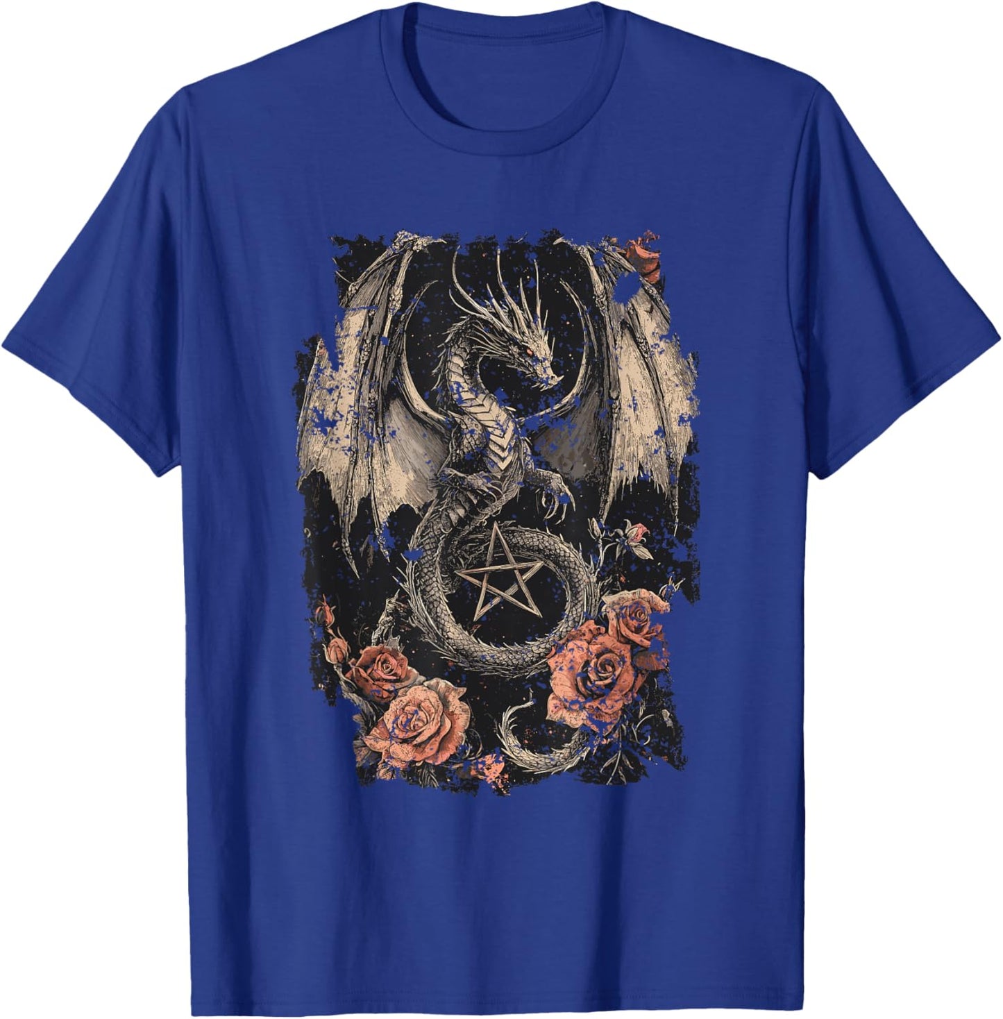 Dragon with Pentagram and Roses - Gothic Dragon T-Shirt - T-Shirt | Royal