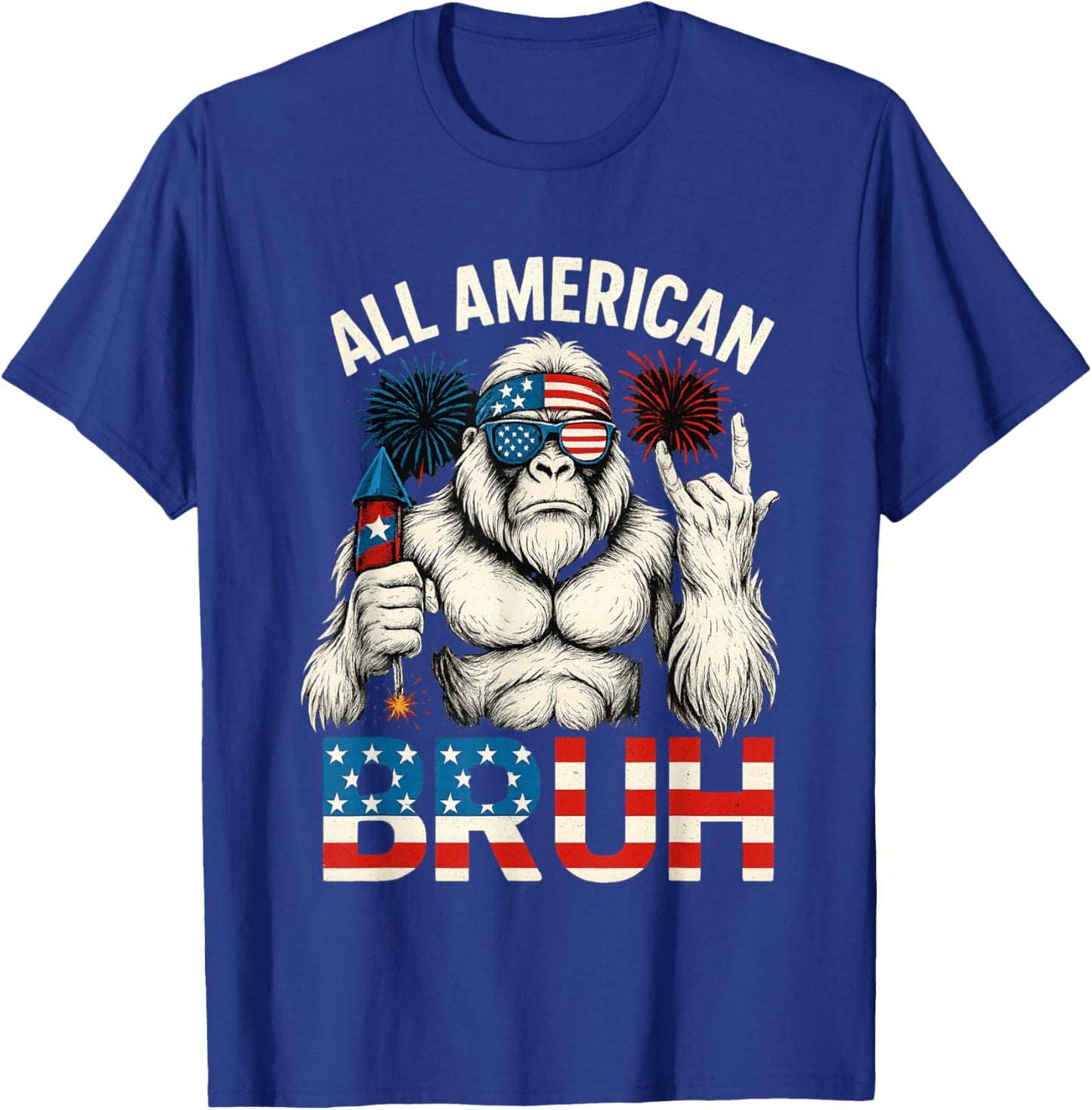 Bruh Bigfoot Merica Rock American Flag Patriotic 4th of July T-Shirt - T-Shirt | Royal