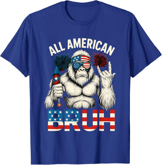 Bruh Bigfoot Merica Rock American Flag Patriotic 4th of July T-Shirt - T-Shirt | Royal
