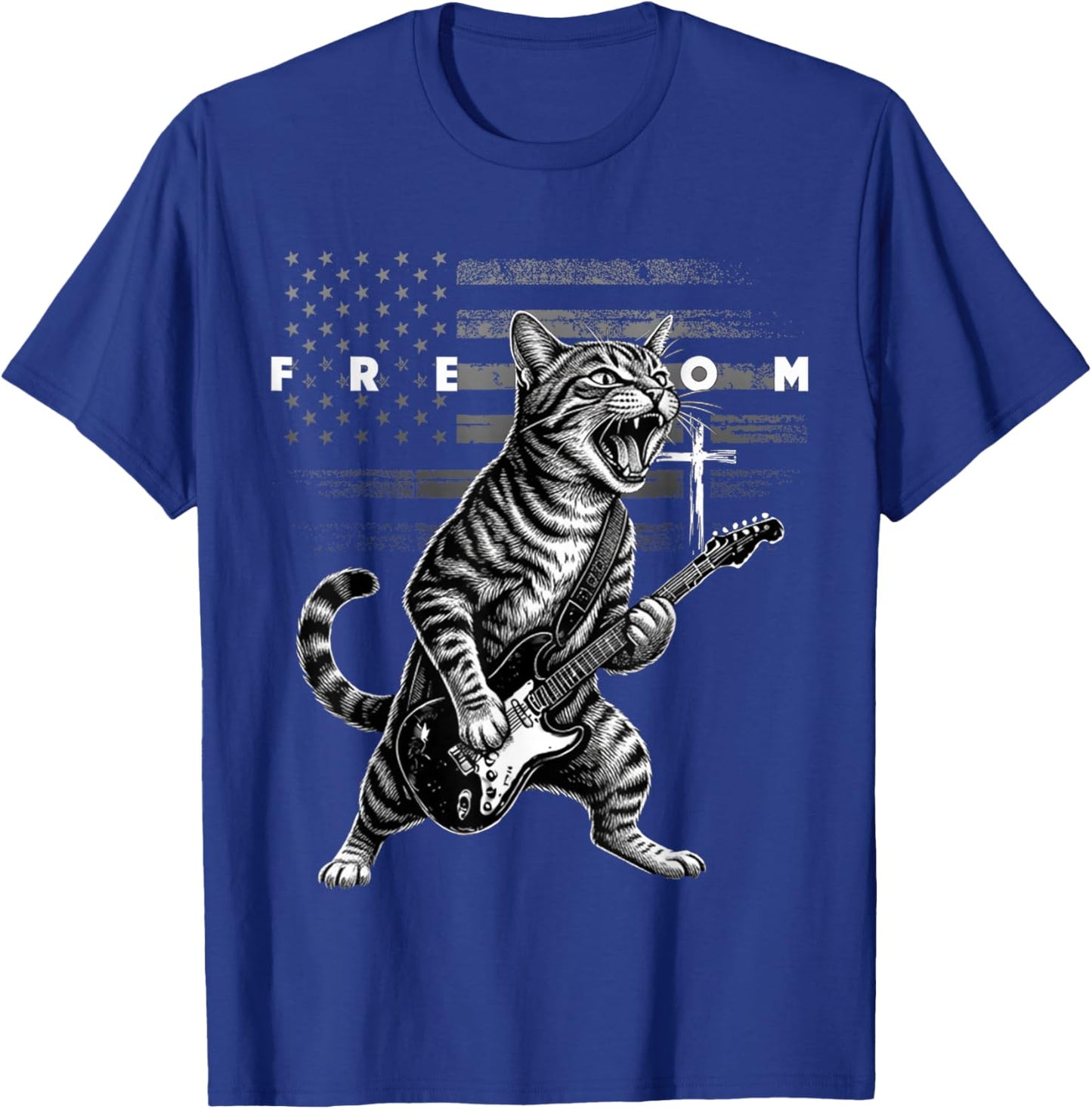 Freedom Cross USA Flag Funny Cat Playing Guitar T-Shirt - T-Shirt | Royal