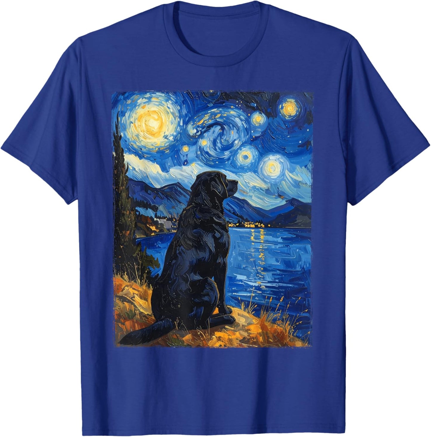 Van Gogh Starry Night Painting Black Retriever Dog T-Shirt - T-Shirt | Royal