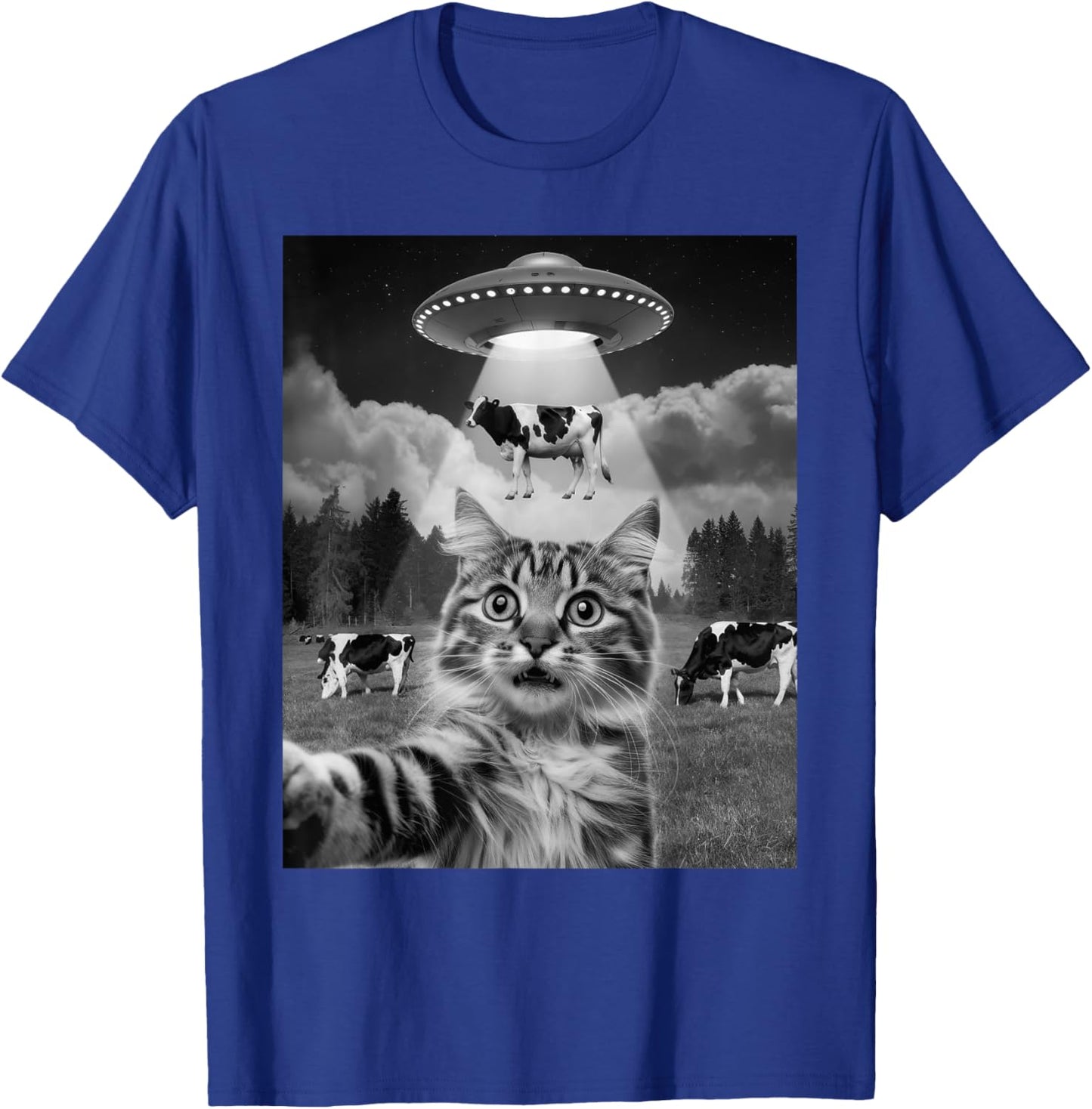 Cat Selfie Flying Alien UFO Cow Lover Men Women Kids T-Shirt - T-Shirt | Royal