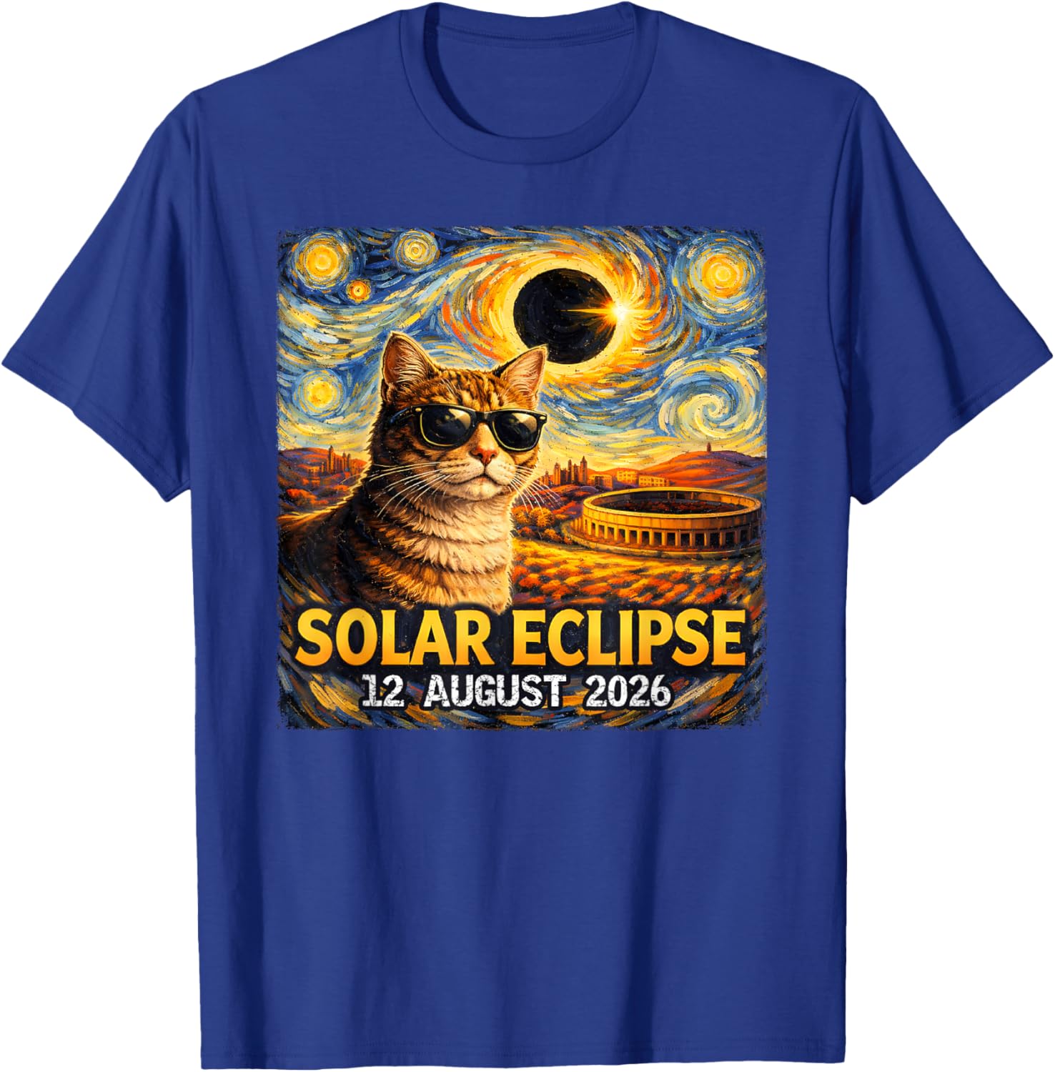Total Solar Eclipse August 12, 2026 Funny Cat Starry Night T-Shirt - T-Shirt | Royal
