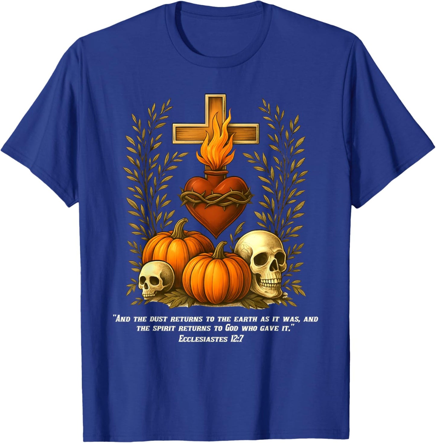 Sacred Heart Halloween Jesus Skulls Pumpkins Christian Cross T-Shirt - T-Shirt | Royal