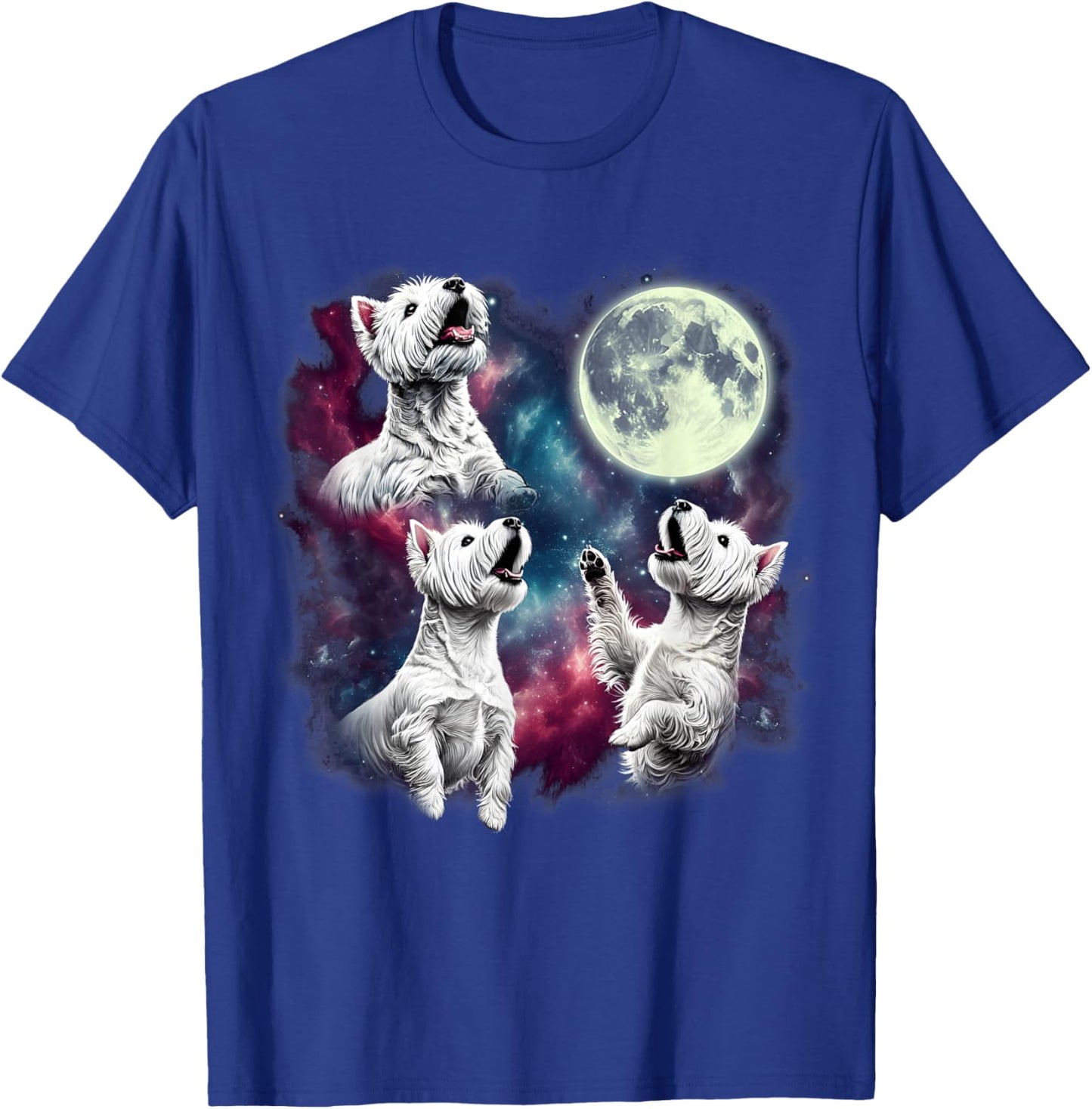 Three West Highland White Terriers Howling at Moon Funny T-Shirt - T-Shirt | Royal