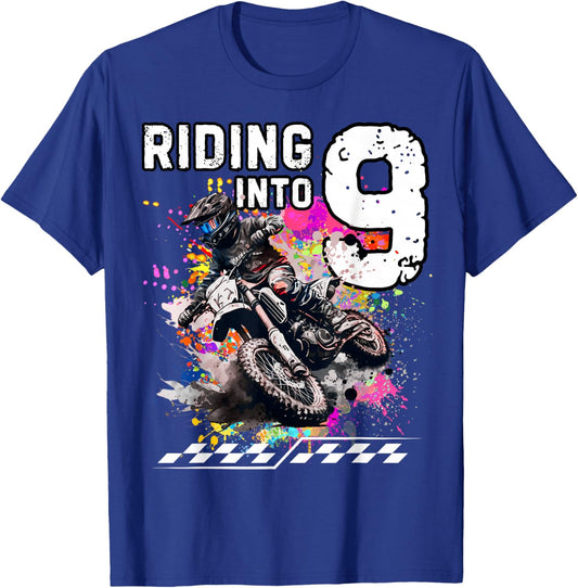 Motocross Birthday 9th Year Old Riding Into 9 MX Dirt Bike T-Shirt - T-Shirt | Royal