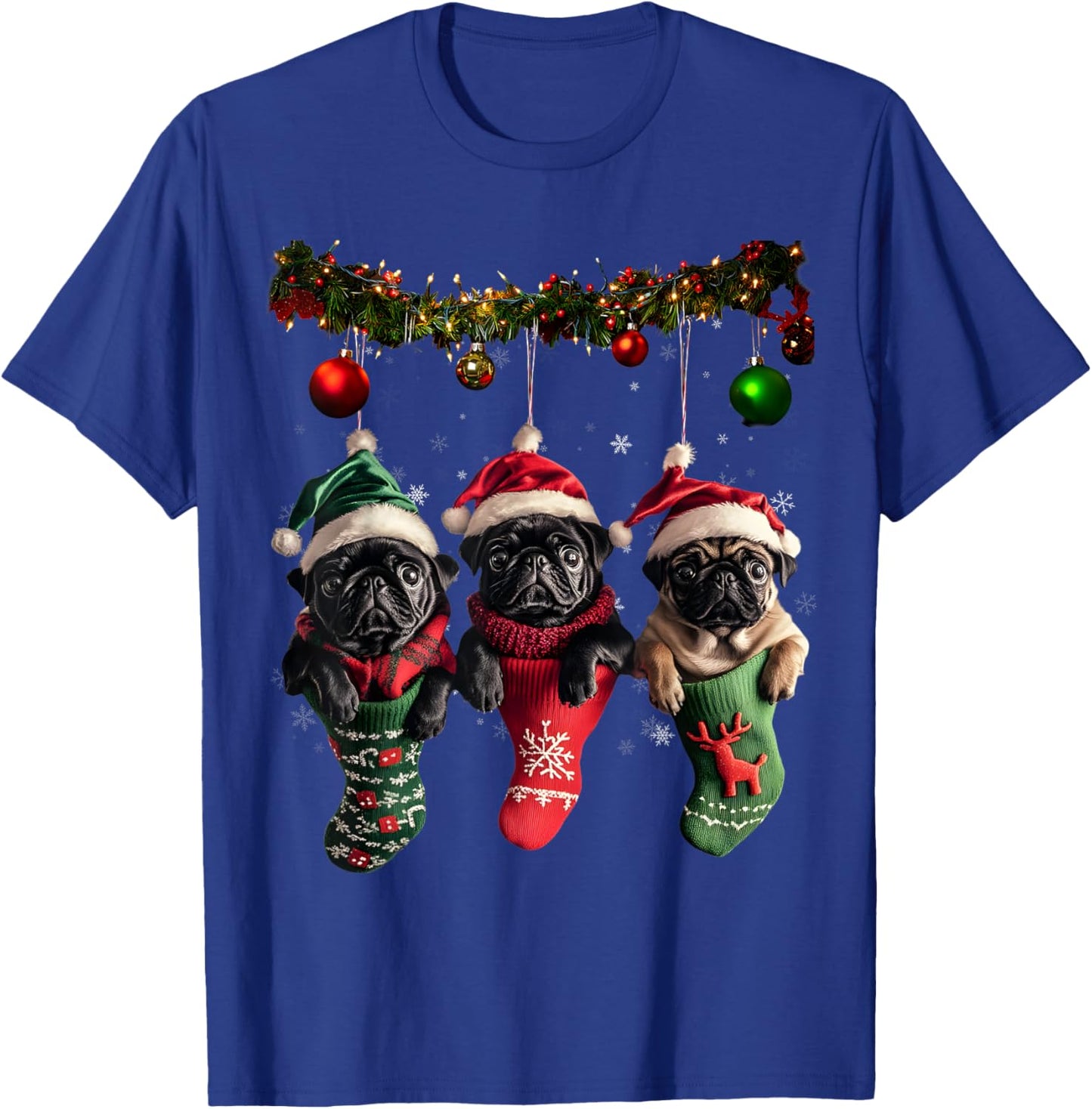 Black Pug Christmas Lights Funny Xmas Dog Lover T-Shirt - T-Shirt | Royal