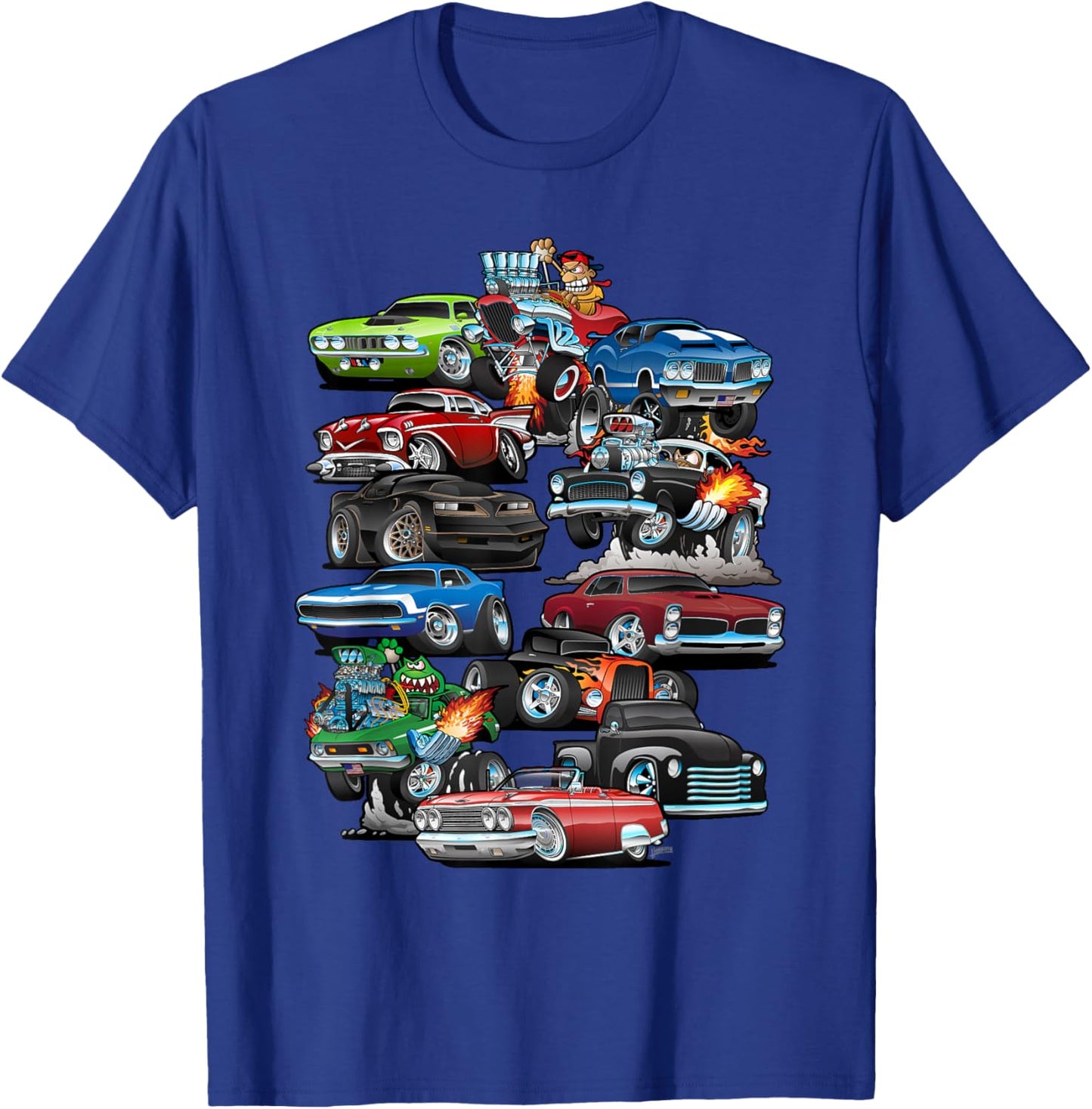 Car Madness! Muscle Cars, Classic Cars and Hotrods Cartoon T-Shirt - T-Shirt | Royal
