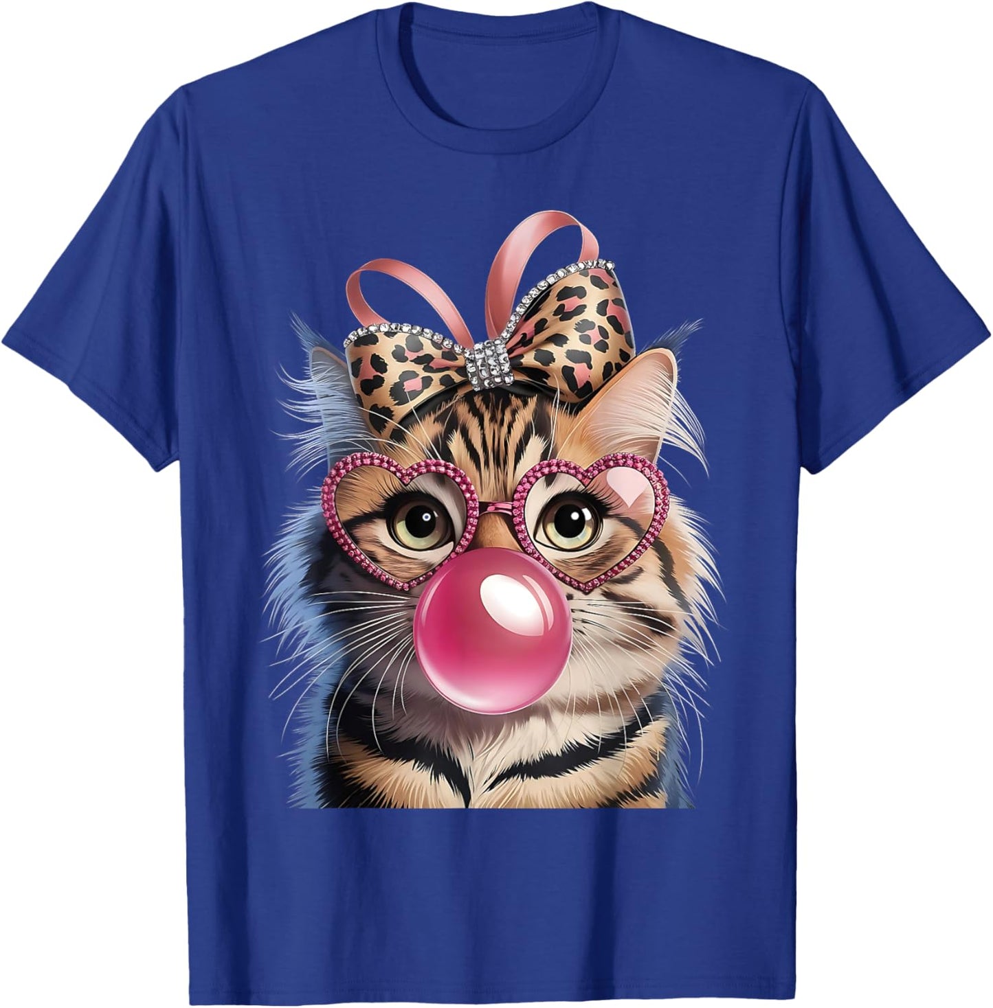 Cute Funny Leopard Bow Pink Glasses Cat Bubble Gum Girls T-Shirt - T-Shirt | Royal