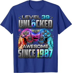 Level 39 Unlocked Awesome Since 1987 39th Birthday Gaming T-Shirt - T-Shirt | Royal
