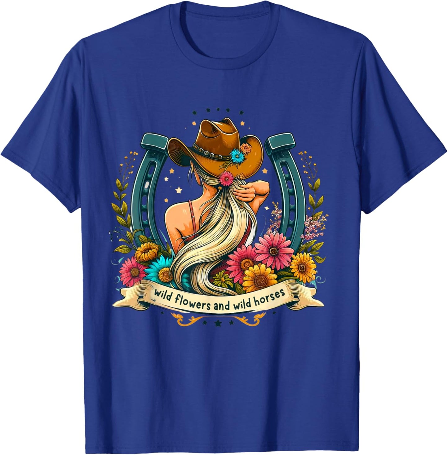 Retro Southern Sunset Cowgirl Wild Flowers - Wild Horses T-Shirt - T-Shirt | Royal