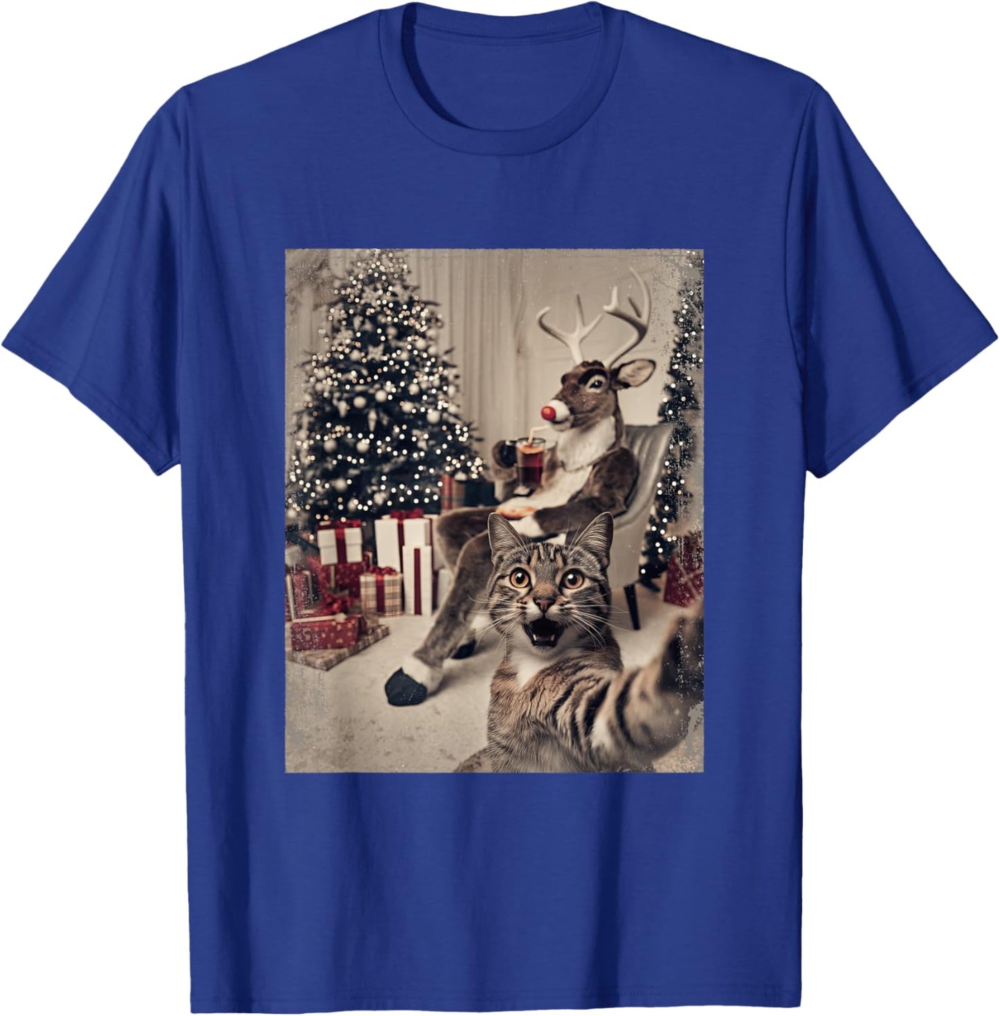 Funny Xmas Cat Selfie Reindeer Ugly Sweater Christmas Outfit T-Shirt - T-Shirt | Royal