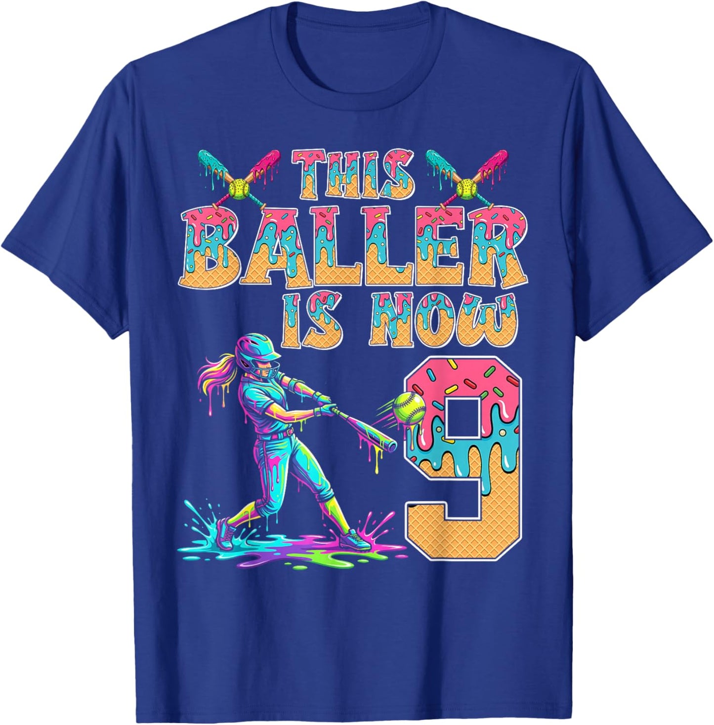 This Baller is Now 9 Years Old Birthday Girl Softball 9th T-Shirt - T-Shirt | Royal